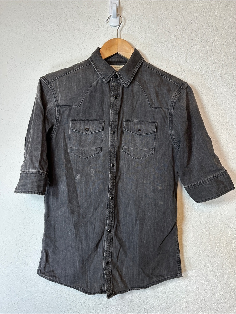 All Saints Washed Black Short-Sleeve Snap Down Shirt